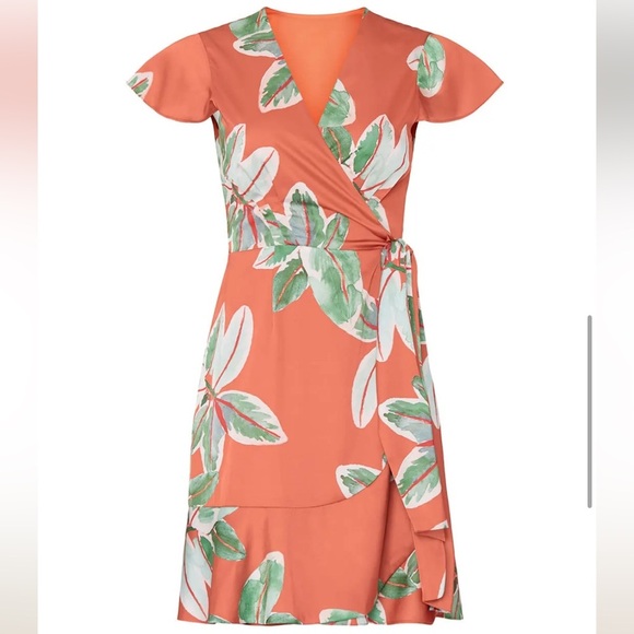 Hutch Britton Floral Wrap Dress XS – Orange Floral Satin - Picture 5 of 5